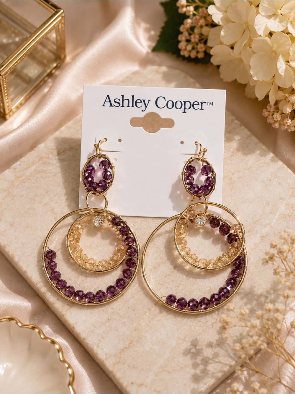 Ashley Cooper Gold Hoop Earrings with Purple and Champagne Crystals